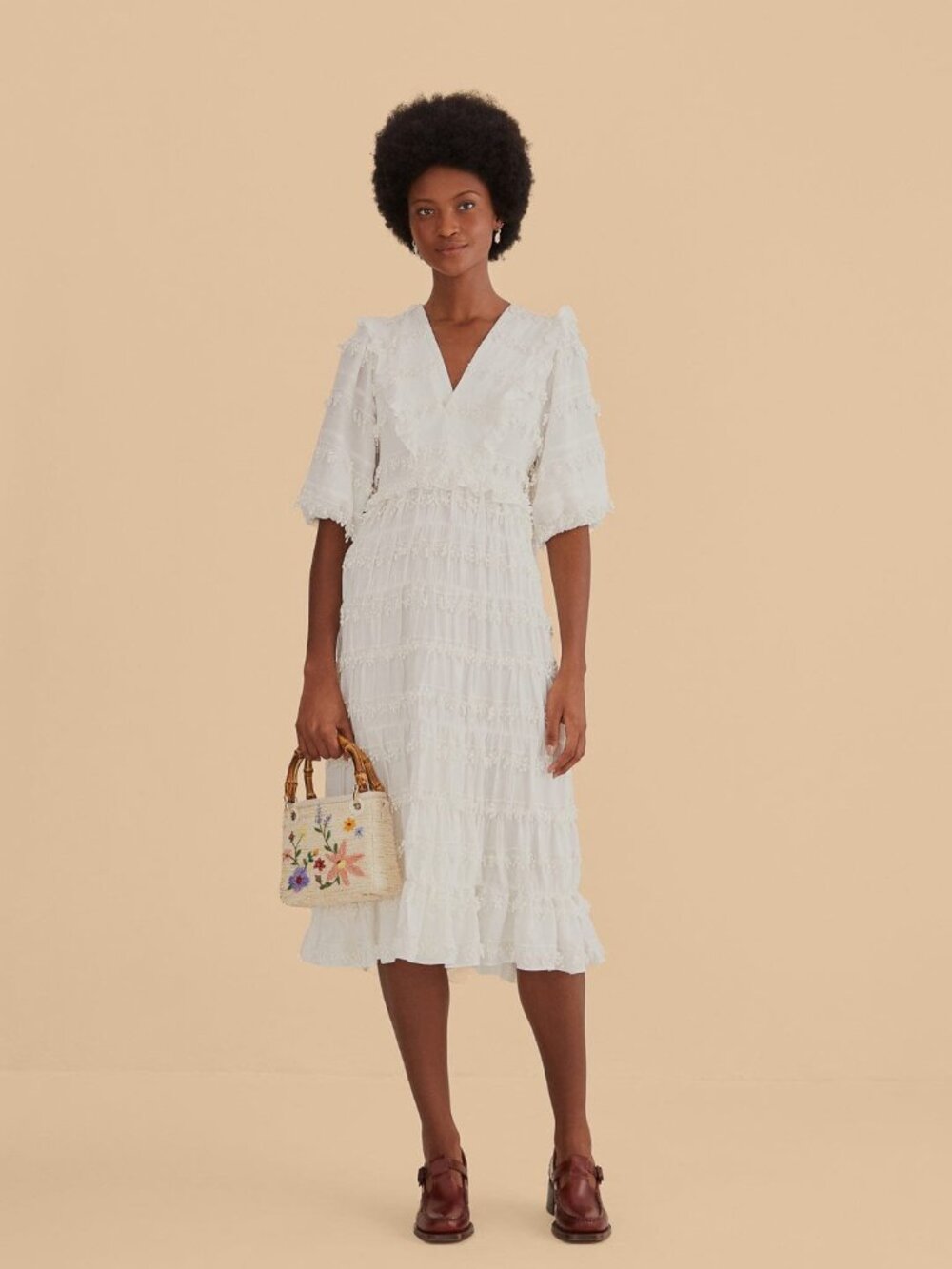 FARM Rio Ruffle Trim Off-White Midi Dress sz Small NWT Absolutely Adorable! RARE